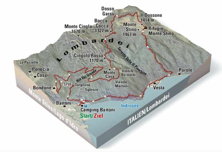 Inklusive Uferklettersteig nach Baitoni zurück hat die Tour 30,1 km und 1378 Höhenmeter. Doch die letzten fünf Kilometer gefährliche Kletterei umfährt man ab Vesta besser mit dem Schiff (vier Mal täglich).