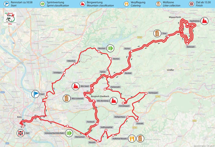 Die Profirunde geht über die Runde des Velodom 125 hinaus und führt die Teilnehmer nach Nordosten, wo es gleich dreimal über den Agathaberg geht.