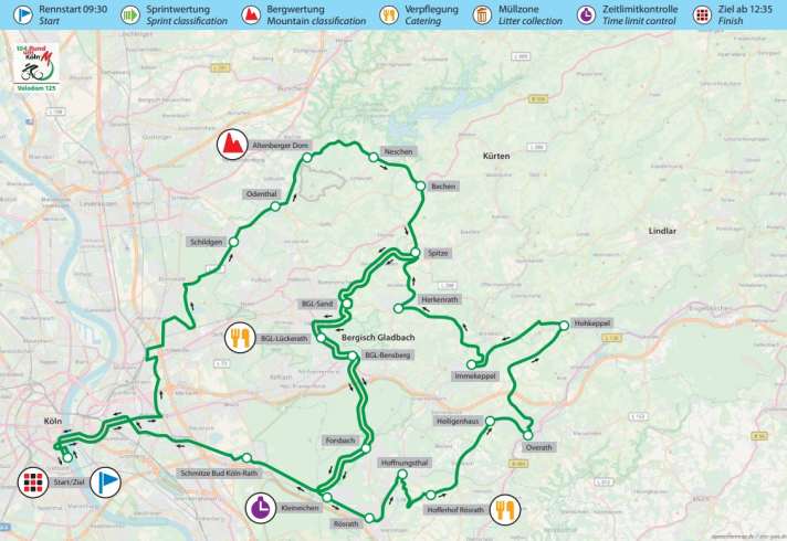 Die linke Schleife von Köln über den Altenberger Dom bis nach Kleineichen ist für den Velodom 70 und 125 gleich. Die 125-Kilometer-Runde führt weiter auf die rechte, kleinere Schleife.