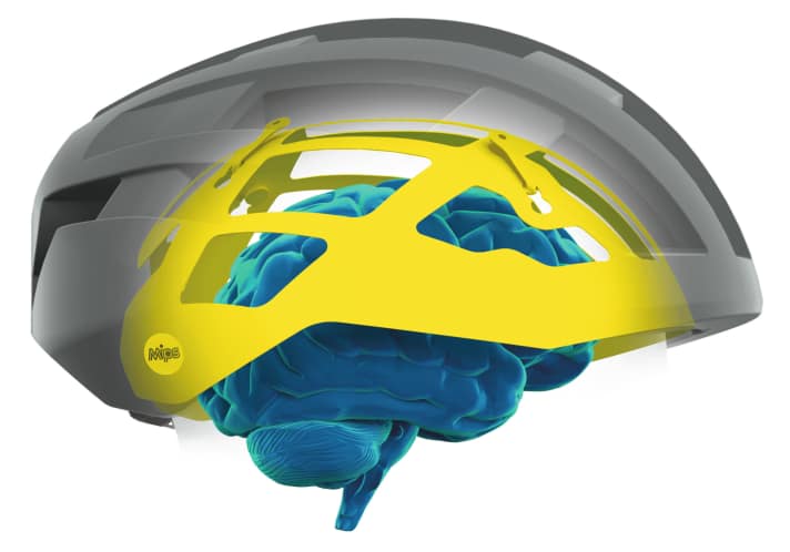 Eine besonders gut gleitende Schicht zwischen Kopf und Helmschale, das MIPS BPS (Brain Protection System), soll Rotationsbeschleunigungen verringern.