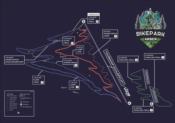 Das sind die Strecken im neuen Bikepark Arber. Der Schlepplift funktioniert mit dem Easyloop-System, welches sehr einfach und intuitiv zu bedienen ist.