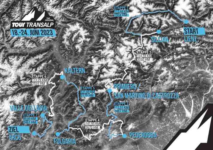Die Strecke der TOUR Transalp 2023 von Lienz nach Arco in der Übersichtskarte.