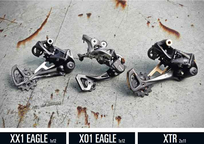   Die drei Top-Schaltungen im MTB-Segment im Vergleich: Sram XX1 EAGLE 1x12 – Sram X01 EAGLE 1x12 – Shimano XTR 2x11