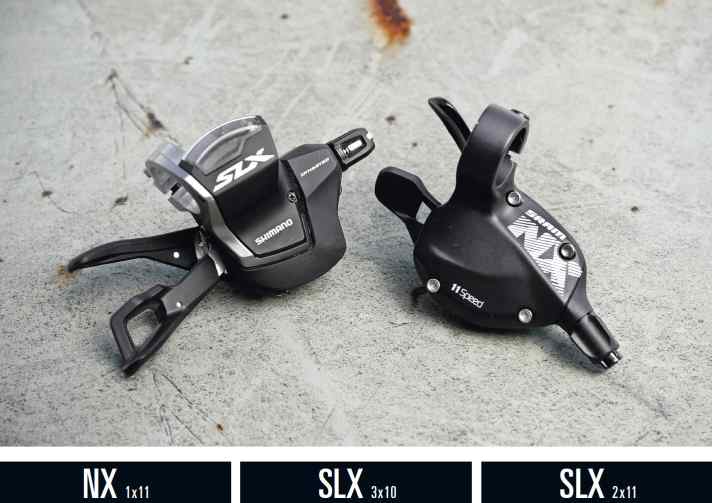   Drei preiswerte MTB-Schaltungen im Vergleich: Sram NX 1x11 – Shimano SLX 3x10 – Shimano SLX 2x11