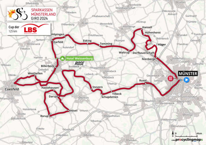 Die Strecke des Cup der LBS. Auch die anderen Jedermann-Rennen des Sparkassen Münsterland Giro 2024 verlaufen auf einer ähnlichen Stecke