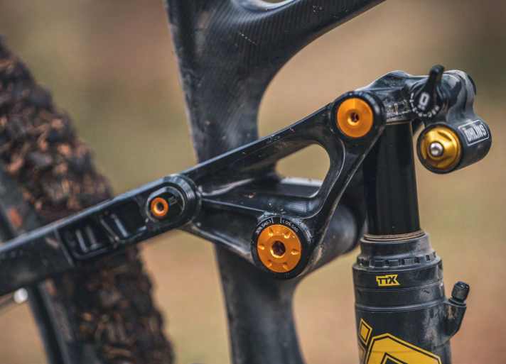 Nicht Ton-in-Ton: Die Lager-Schrauben von Hope sind goldiger als das Material von Öhlins.