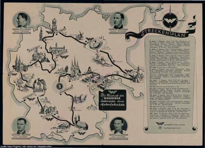 Werbefahrt: Das Faltblatt des Radherstellers Wanderer zeigt ­die Strecke der Deutschland-Tour 1937 und belegt, wie sich die Fahrradindustrie in das große Propaganda-Rennen der ­Nationalsozialisten einreihte.
