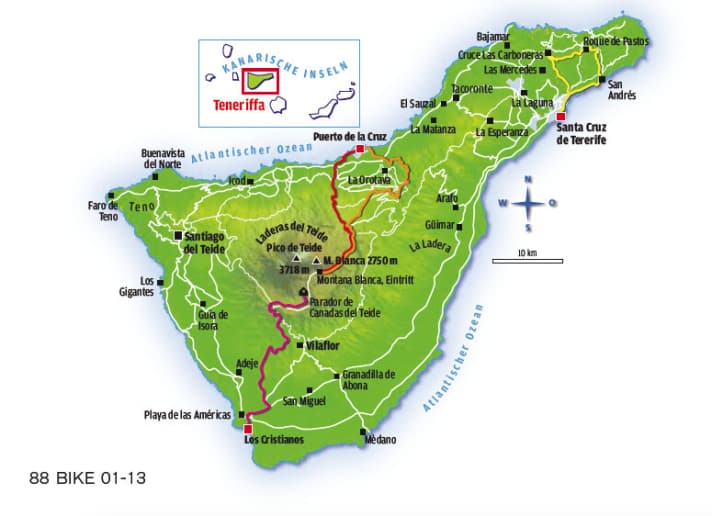   Die vier MTB-Touren auf Teneriffa in der Übersichtskarte.