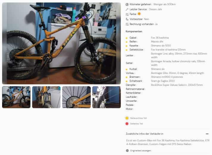 Hier kein Refurbished Bike, aber die gelben Punkte zeigen, welche Teile am Bike getauscht wurden. Hier sind es alle, weil es ein Custombike ist.