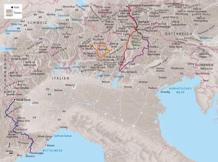   Die fünf neuen MTB-Transalp-Routen auf der Übersichtskarte.
