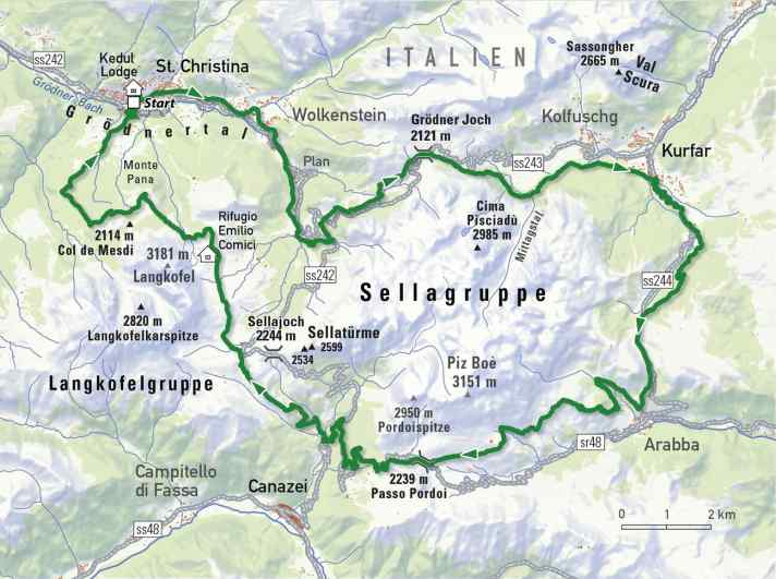   Die legendäre Sella Ronda mit dem E-Mountainbike. Hier die Übersichtskarte.
