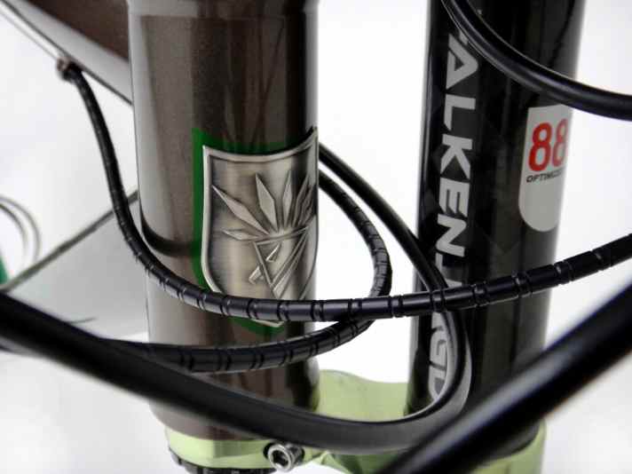   Seht her: Der Sticker identifiziert die gepimpte Gabel. Das Falkenjagd-Emblem ist zart im Team-Grün umrandet. Nur die Farbe der Gabelbrücke kommt dagegen etwas blass daher.