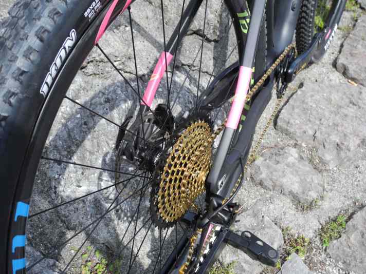   Helfen, das Gewicht zu drücken: leichte Carbon-Laufräder aus eigenem Hause und 1 x 12-Gang-Schaltung Sram XX1 Eagle. 