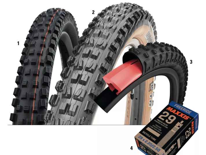 1 = <a href="https://www.awin1.com/cread.php?awinmid=11768&awinaffid=471469&clickref=B+Schwalbes+Magic+Mary&ued=https%3A%2F%2Fwww.rosebikes.de%2Fschwalbe-magic-mary-evolution-super-gravity-addix-soft-tle-mtb-faltreifen-2693685" target="_blank" rel="noopener noreferrer nofollow">Schwalbes Magic Mary</a>*, 2 = <a href="https://www.awin1.com/cread.php?awinmid=14547&awinaffid=471469&clickref=B++Maxxis+Minion+DHF&ued=https%3A%2F%2Fwww.maciag-offroad.de%2Fmaxxis-mtb-reifen-minion-dhf-freeride-skinwall-27-5-x-2-30-zoll-tubeless-ready-exo-3cmaxxterra-faltbar-sid86389.html" target="_blank" rel="noopener noreferrer nofollow">Maxxis Minion DHF</a>* und <a href="https://www.awin1.com/cread.php?awinmid=14547&awinaffid=471469&clickref=B++Maxxis+Minion+DHR&ued=https%3A%2F%2Fwww.maciag-offroad.de%2Fmaxxis-mtb-reifen-minion-dhr-ii-freeride-schwarz-26-x-2-30-zoll-tubeless-ready-exo-dual-faltbar-sid96067.html" target="_blank" rel="noopener noreferrer nofollow">DHR</a>*, 3 = Reifen-Insert, 4 = <a href="https://www.awin1.com/cread.php?awinmid=14547&awinaffid=471469&clickref=B+Maxxis+Freeride+DH+light+Schlauch&ued=https%3A%2F%2Fwww.maciag-offroad.de%2Fmaxxis-mtb-schlauch-freeride-dh-light-27-5-zoll-ventil-36-mm-sid77224.html" target="_blank" rel="noopener noreferrer nofollow">Maxxis Freeride/DH light Schlauch</a>*
