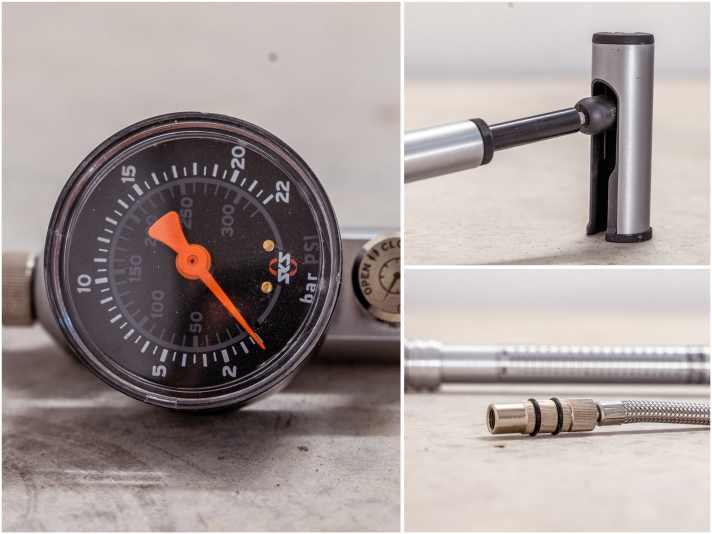 Großes Manometer - leider mit innenliegender psi-Skala. Mit dem Klappgriff lässt es sich angenehm pumpen. Die Kuststoffverkleidung über der Kolbenstange wirkt wenig wertig. Der Ventilkopf verfügt über eine Entkopplung