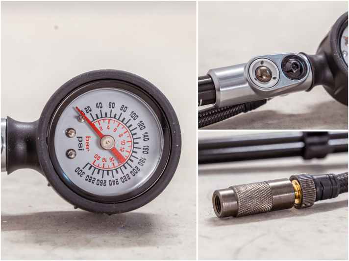 Leider fällt auch bei der Air Tool das Manometer sehr klein aus. Der Knopf zum Druck regulieren ist dafür sehr fein dosierbar. Auch bei Specialized lässt sich die Pumpe vom Ventil entkoppeln