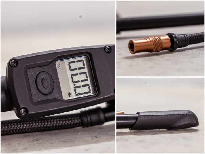 Diese Art Display ist Standard bei den Digital-Pumpen. Bei Topeak ist es solide in Metall eingefasst. Top Ventilkopf: lange Bauweise, inklusive Entkopplungsfunktion.  Trotz der schlanken Form pumpt es sich recht angenehm mit der Topeak