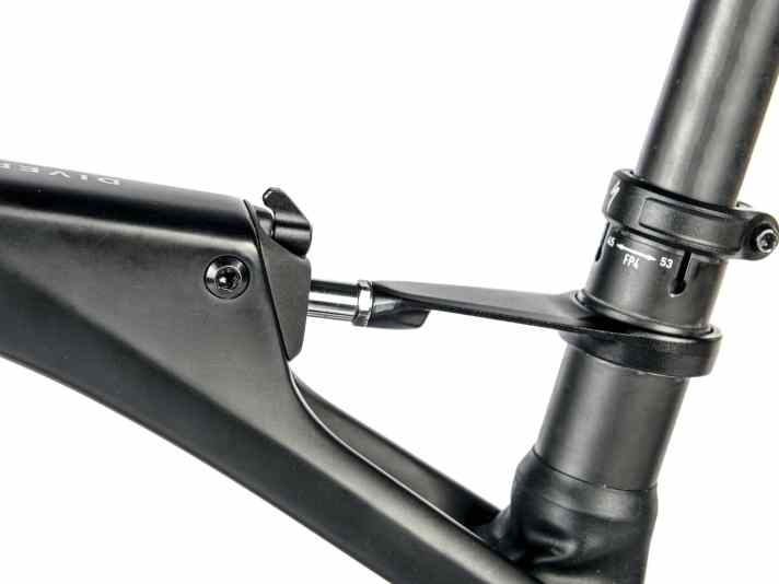 Drehpunkt: Der Hebel verstellt in drei Stufen die Dämpfung, das geht auch während der Fahrt. Der Carboneinsatz (mit Beschriftung) erlaubt durch Drehen zwei unterschiedliche Härtegrade