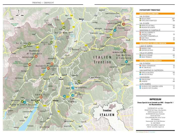   Übersichtskarte: Die 20 schönsten Mountainbike-Touren im Trentino.