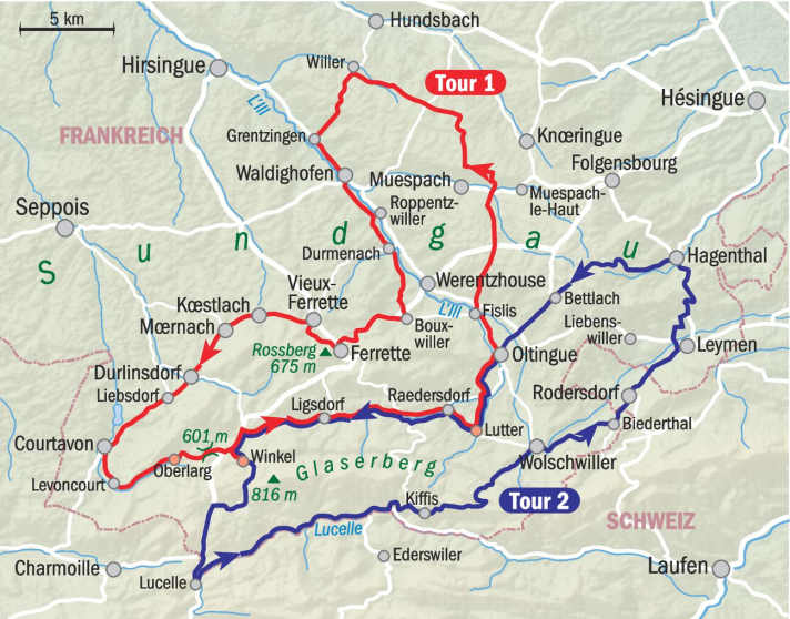 Die beiden Touren durch das französische Sundgau. | Karte: MYBIKE