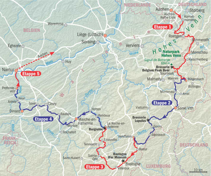 Die Tour lässt sich gut in fünf Etappen aufteilen. Start- und Zielort sind per Bahn erreichbar.