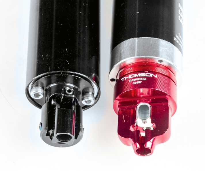   X-Fusion/Thomson Bei X-Fusion, Fox und Rock Shox wird der Zug verschraubt. Wer die Stütze aus dem Rahmen entfernen will, braucht Werkzeug. Bei den anderen (Thomson) kann man aushängen.