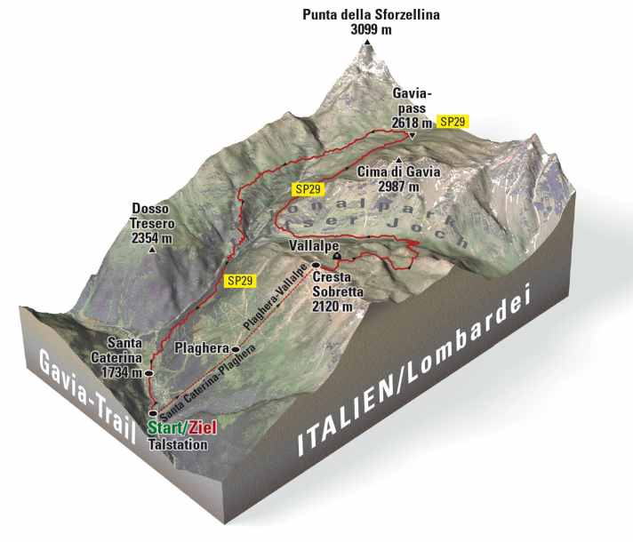    Der Trail: Santa Caterina liegt im Gaviatal unweit von Bormio. Im Gebiet des Stelvio-Naturparks finden sich einige legendäre Trails. Der Sunny-Valley-Trail ist noch ein Geheimtipp. Er führt über extrem abwechslungsreiche 20,7 km und 1464 Tiefenmeter ins Tal. Trotz Seilbahn (<a href="http://www.adlersantacaterina.com/" target="_blank" rel="noopener noreferrer nofollow">www.adlersantacaterina.com</a> ) 519 hm Gegenanstiege!