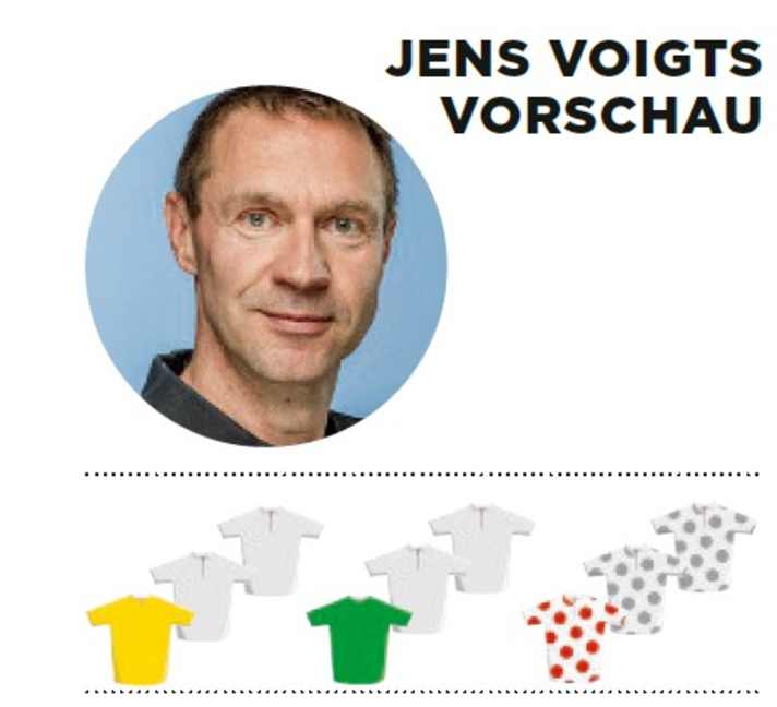 Diese Bedeutung misst Jens Voigt der 2. Etappe für Gelb, Grün und Bergtrikot zu - je mehr farbige Trikots, desto größer die Bedeutung.