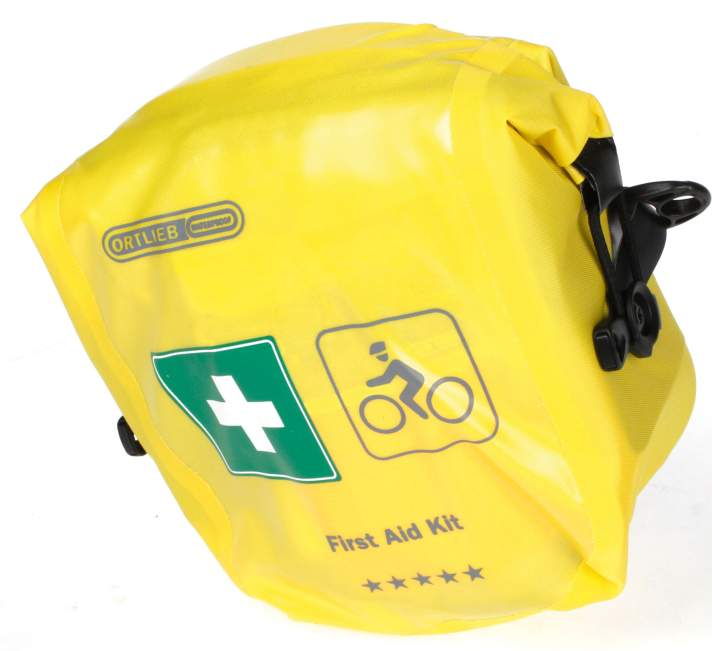 Erste-Hilfe-Paket für die Bike Tour: Hat im Test wegen seines durchdachten Verbandsortiments und Erste-Hilfe-Anleitung am besten abgeschnitten: First Aid Kit von Ortlieb, 49,95 Euro