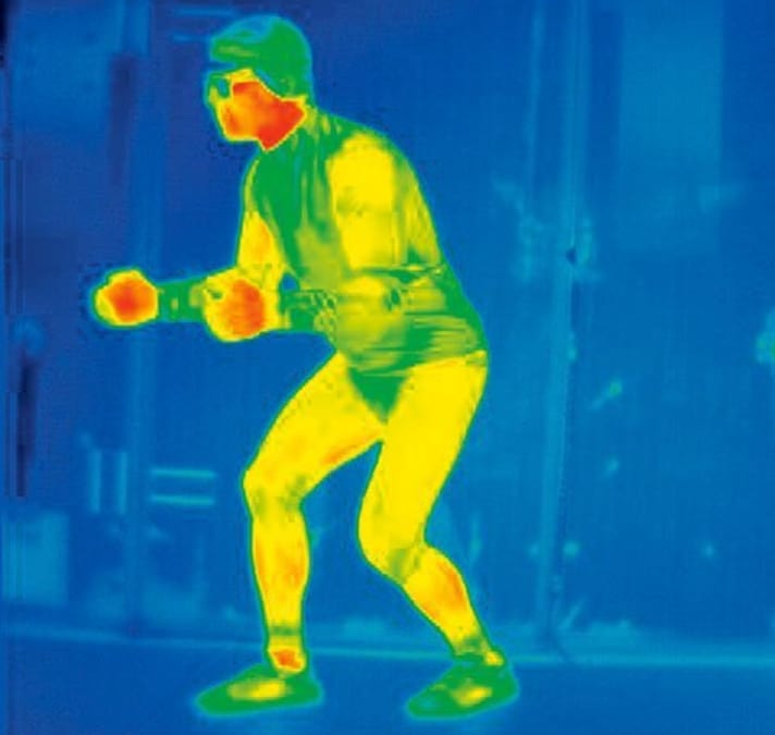 Die Thermografieaufnahme zeigt deutlich, wo die Wärme den Körper verlässt, erkennbar an den gelb-roten Bereichen.