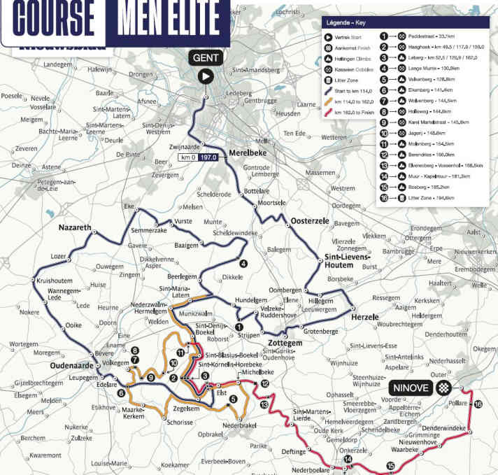Omloop Het Nieuwsblad 2025: Das Männerrennen auf der Karte