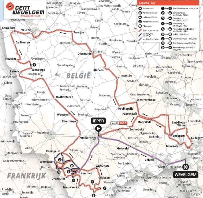 Gent-Wevelgem 2025: Das Männerrennen auf der Karte