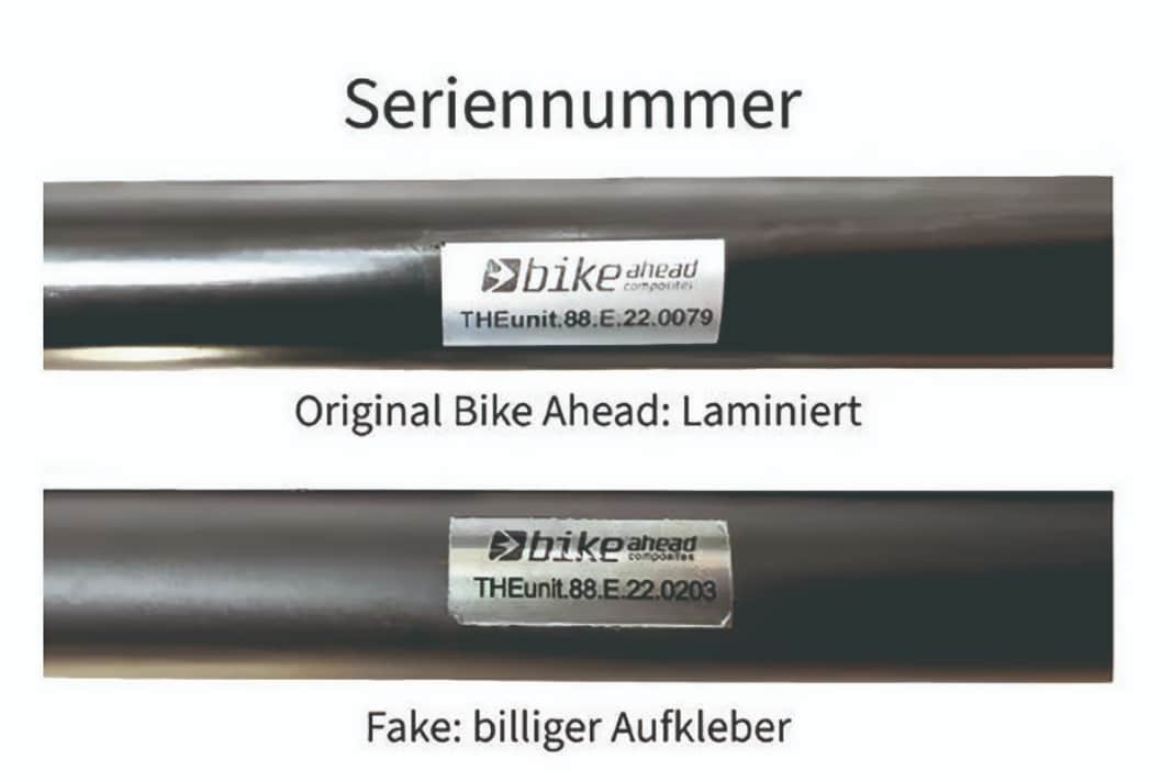 Bike Ahead Lenker Wie dieses Beispiel von Bike Ahead zeigt, schrecken die asiatischen Produktfälscher nicht vor kopierten Prüfplaketten zurück. Der Unterschied ist oft nur auf den zweiten Blick erkennbar.