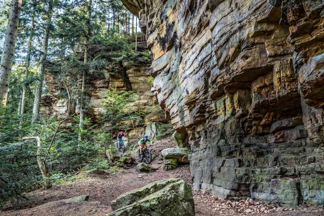 Auf dem Singletrail im Mullerthal. Ein schmaler Felsenpfad führt am Steilhang entlang des Sauertals in Richtung Berdorf. Für gute Biker ist der Trail leicht befahrbar, für Anfänger grenzwertig, da schmal, teilweise ausgesetzt und mit Steinen und Felsbrocken übersät.