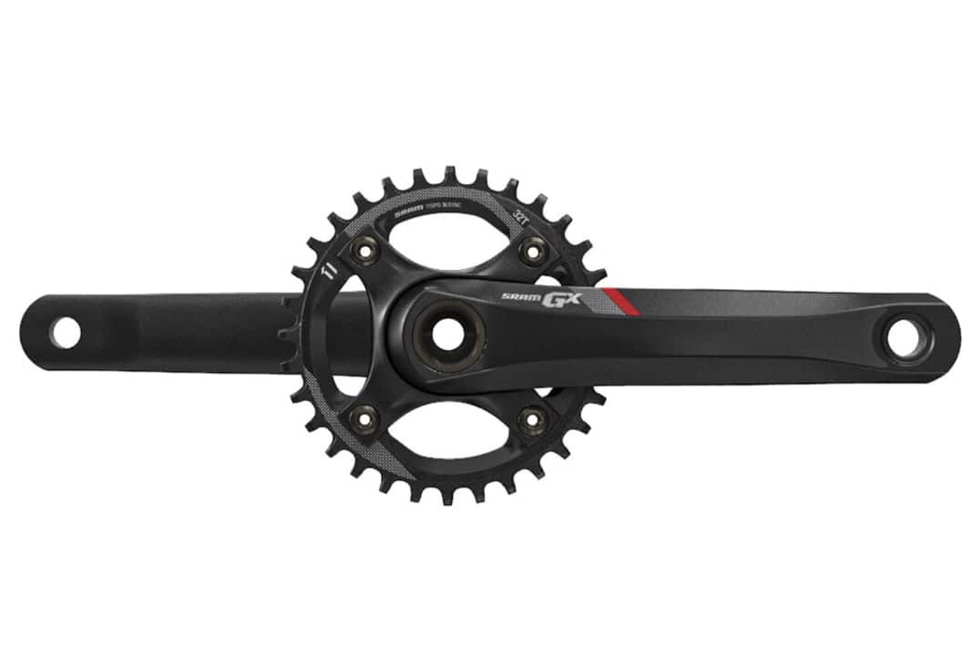Die Einfach-Kurbel der SRAM GX, sie verwendet diesselben Kettenblätter wie die teureren Gruppen.