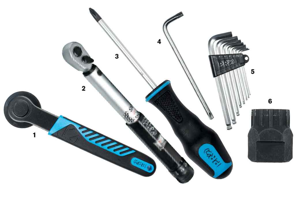 Diese Werkzeuge brauchen Sie: 1. Innenlagerwerkzeug, 2. Drehmomentschlüssel, 3. Schraubendreher, 4. 25er-Torx, 5. Inbus-Schlüssel, 6. Kassettenabzieher