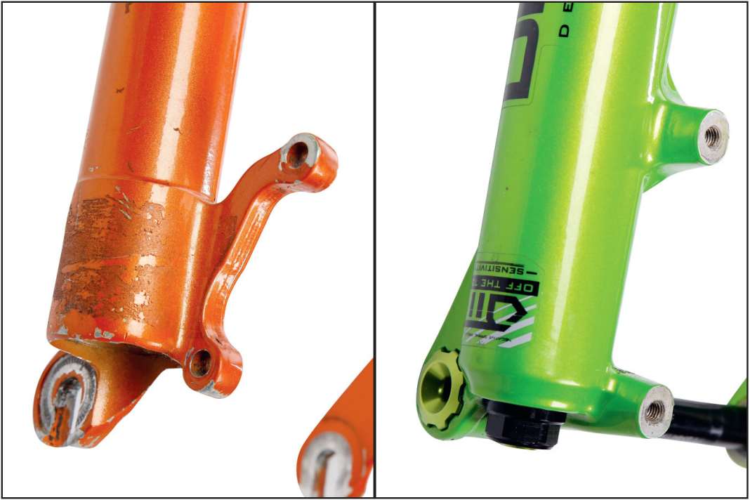 IS und Postmount: Der frühere IS2000-Standard (links) wurde sowohl an Gabel als auch am Rahmen komplett von der Postmount-Aufnahme verdrängt. Für beide Varianten gibt es entsprechende Adapter für unterschiedliche Scheibengrößen.