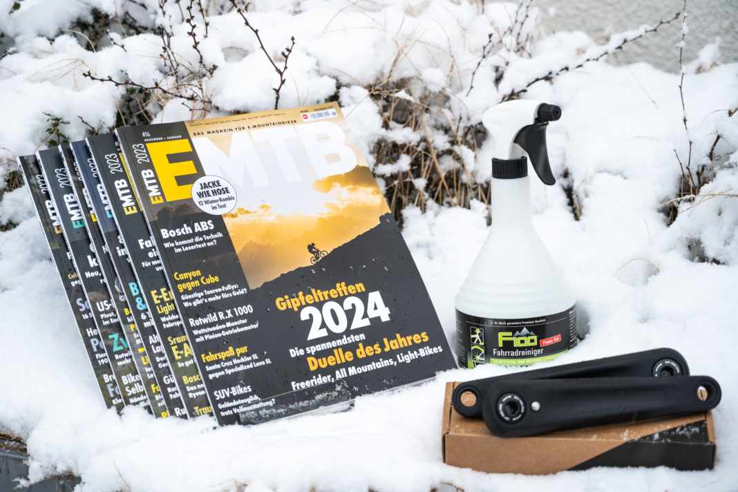 Drei Geschenktipps für Mountainbiker für 20, 50 und 60 Euro: F100 Bike Reiniger, am besten Bio, EMTB Abo und die E-Bike-Kurbeln von Newmen.