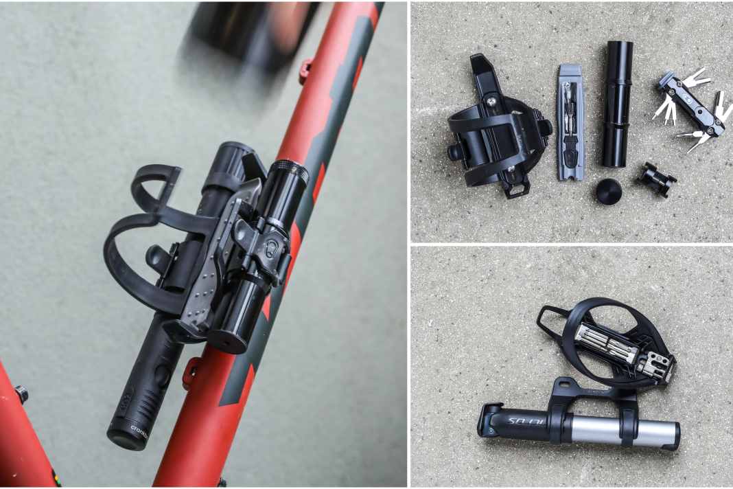 Gibt es nur eine Flaschenhalter-Position am Rahmen, sind Flaschenhalter mit integrierten Tools eine gute Lösung. Modelle von Crankbrothers & Syncros im Test.