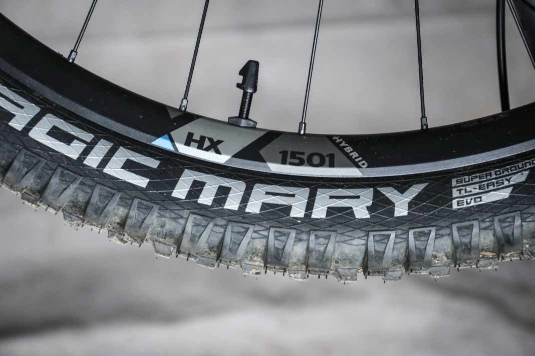 Leichte Alu-Laufräder mit ebenso gewichtsoptimierten Reifen. Am Vorderrad kommt Schwalbes Magic Mary mit der dünnen Super-Ground-Karkasse.