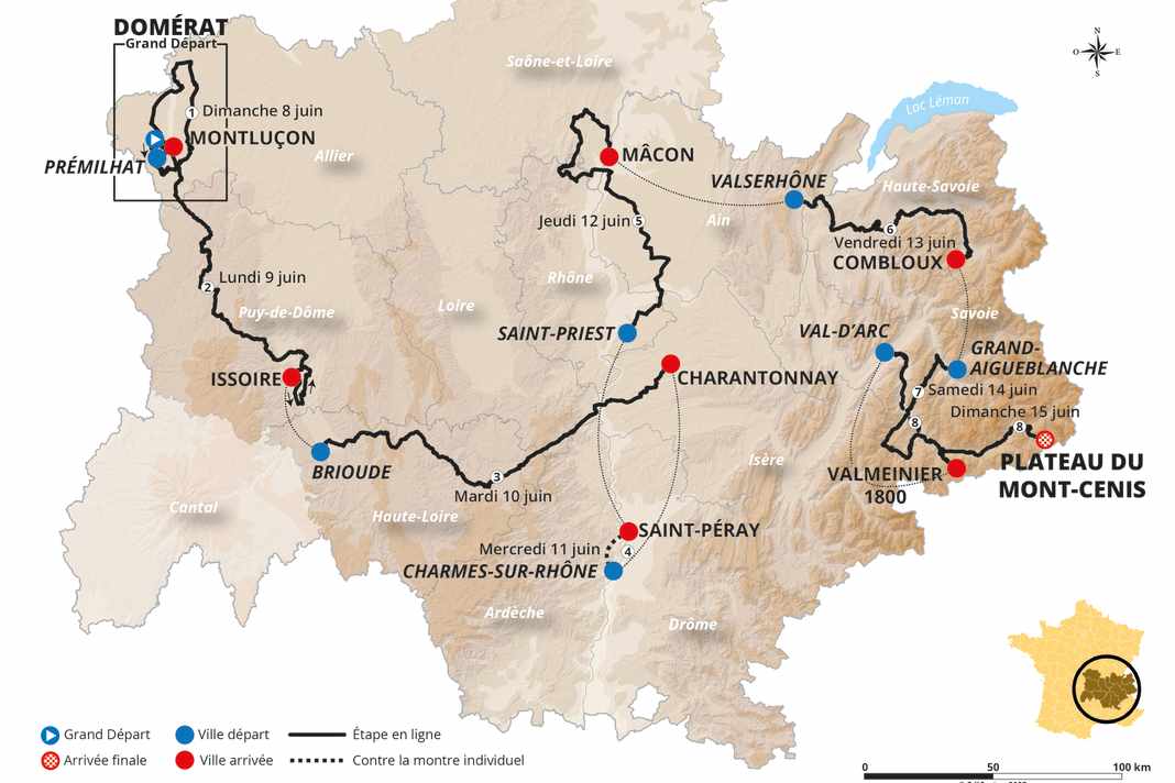 Die Strecke des Critérium du Dauphiné 2025 auf der Karte