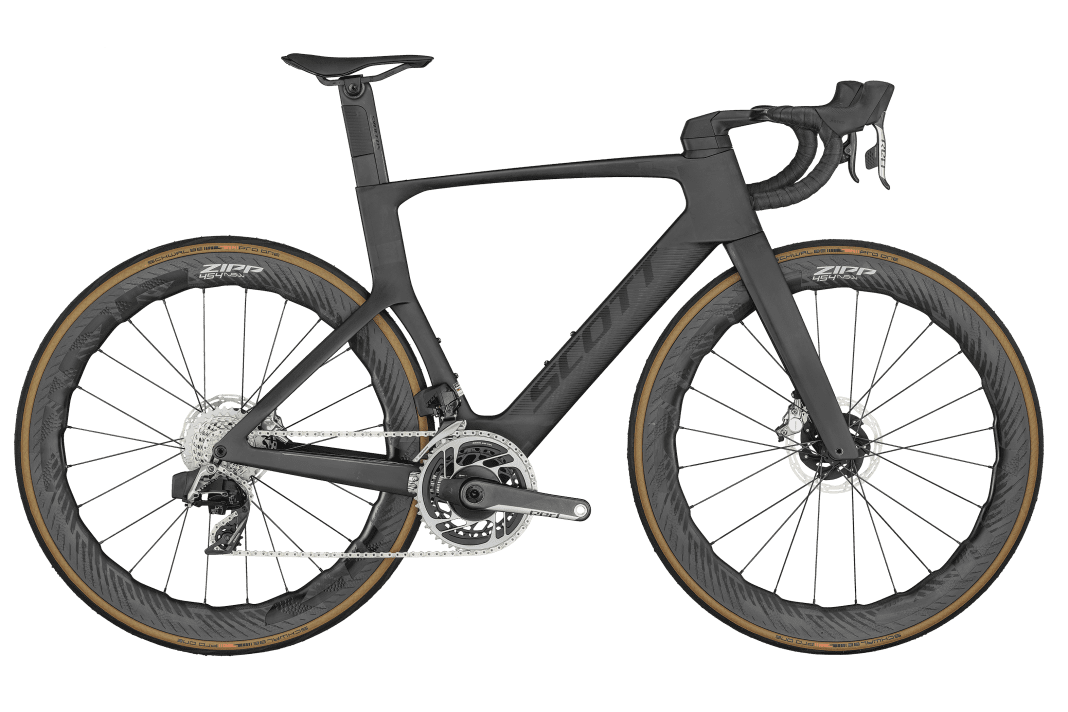 Das Topmodell des neuen Scott Foil RC Aero-Rennrads. Gewicht: 7,2 kg. Ausgestattet mit Sram Red eTap und Zipp ZIPP 454 NSW.