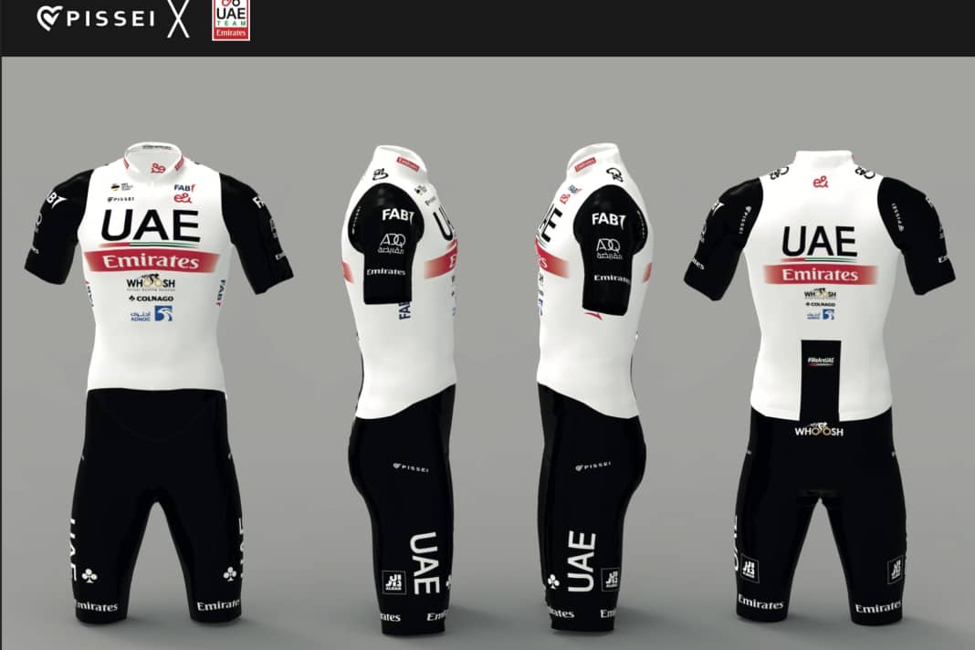So sieht das Kit von UAE Team Emirates für die Saison 2023 aus. Hergestellt wird es von Pissei
