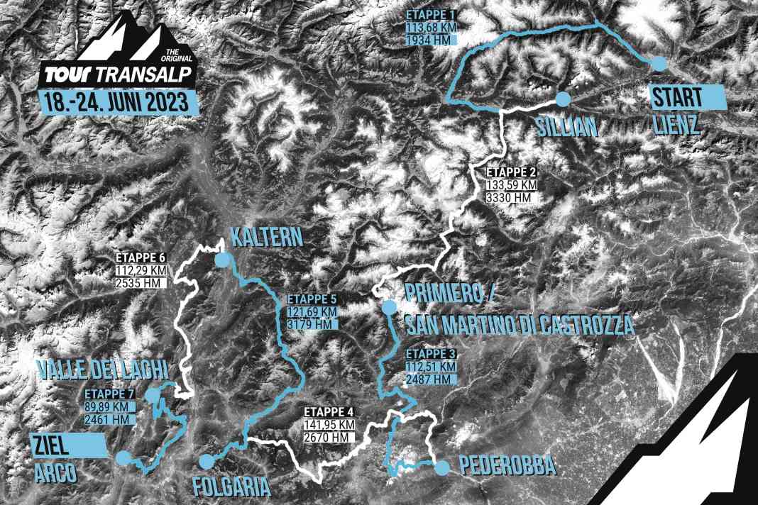 Die Strecke der TOUR Transalp 2023 in der Übersichtskarte