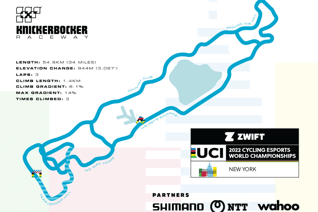 Das ESports WM-Rennen wird 2022 auf der Knickerbocker-Strecke auf Zwift ausgetragen.