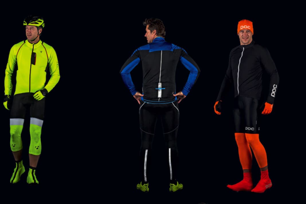 Die Outfits von Bontrager, Craft und Poc bei Nacht (v.l.)