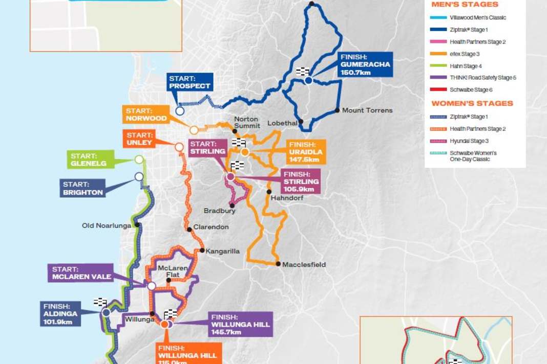 Die Tour Down Under der Männer und der Frauen auf der Karte