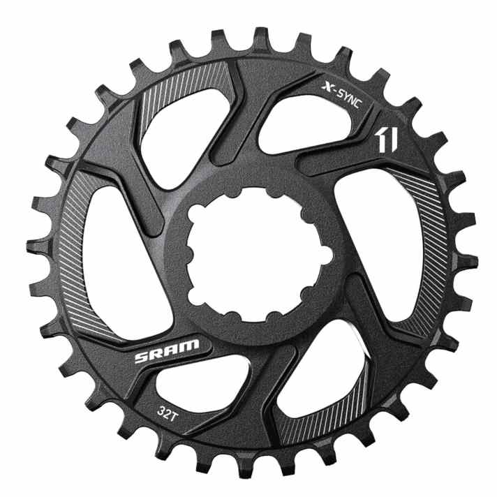   Sram-X-Sync-Kettenblatt: Die Elffach-Direct-Mount-Kettenblätter der Amis gibt es mittlerweile mit 26 / 28 / 30 / 32 / 34 / 36 / 38 und 40 Zähnen, für 103 Euro. Ersatzkettenblätter für Spider-Montage sind nur mit 32 / 34 / 36 und 38 Zähnen erhältlich.