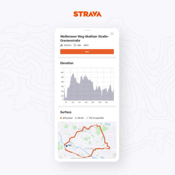   In den Details zu den vorgeschlagenen Routen wird das Höhenprofil und die Untergrundbeschaffenheit auf einer Karte dargestellt. Zoomen ist dort nicht möglich. Zudem unterscheidet Strava nur zwischen den Untergründen asphaltiert, Schotter und nicht bekannt.