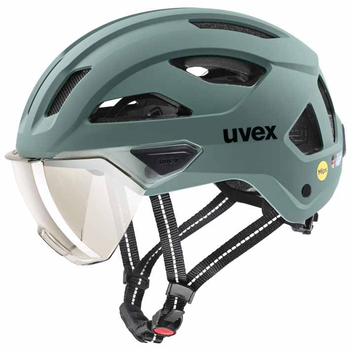 Rundum behütet: der Pendlerhelm Uvex Stride Visor mit MIPS-System, Reflexelementen, Visier, Belüftungsöffnungen mit Insektennetz und integriertem Schloss.